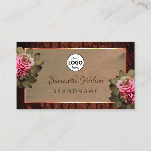 Floral roze Roses Roustige boomschors Logo Visitekaartje (Voorkant)