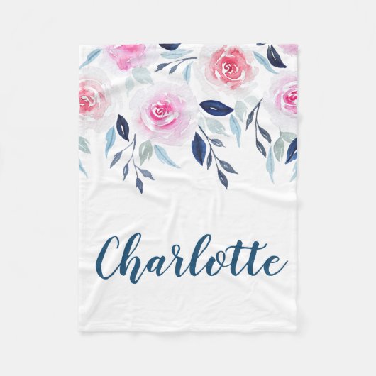Floral roze Roses Waterverf Gepersonaliseerde naam Fleece Deken (Voorkant)
