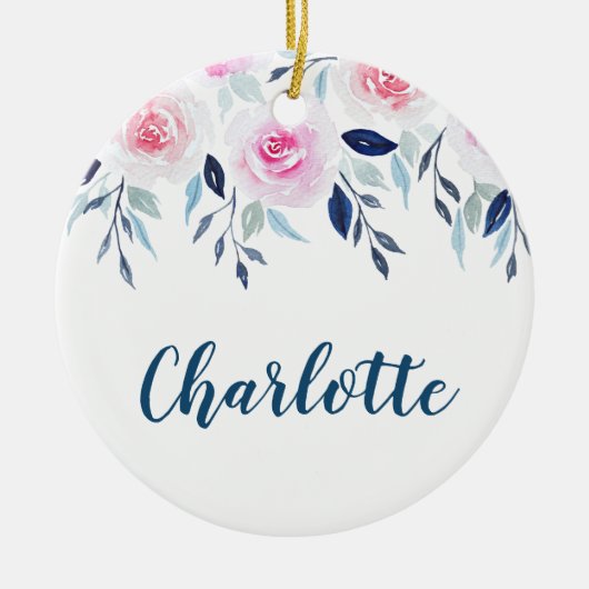 Floral roze Roses Waterverf Gepersonaliseerde naam Keramisch Ornament (Voorkant)