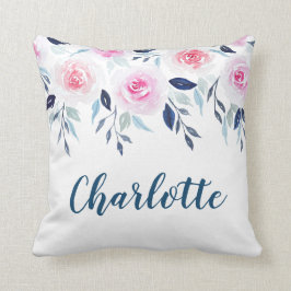 Floral roze Roses Waterverf Gepersonaliseerde naam Kussen