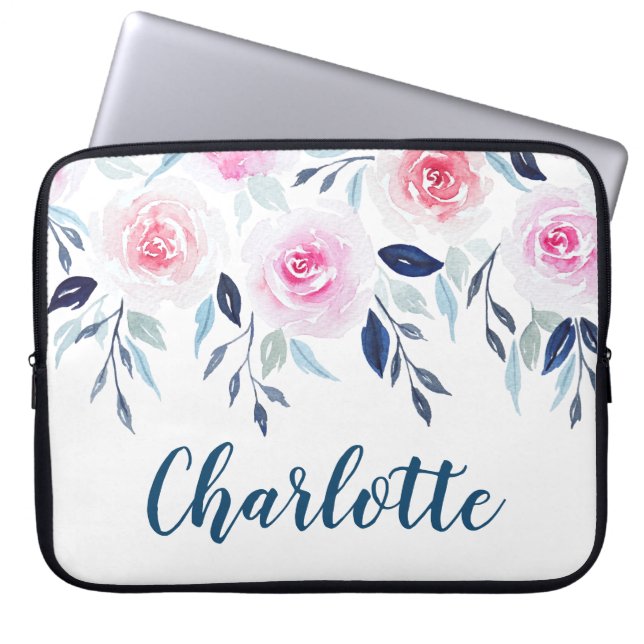 Floral roze Roses Waterverf Gepersonaliseerde naam Laptop Sleeve (Voorkant)