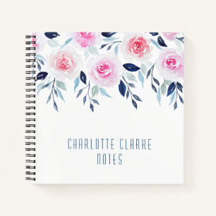 Floral roze Roses Waterverf Gepersonaliseerde naam Notitieboek