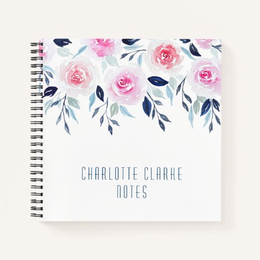 Floral roze Roses Waterverf Gepersonaliseerde naam Notitieboek (Voorkant)