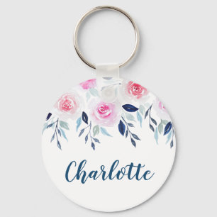 Floral roze Roses Waterverf Gepersonaliseerde naam Sleutelhanger
