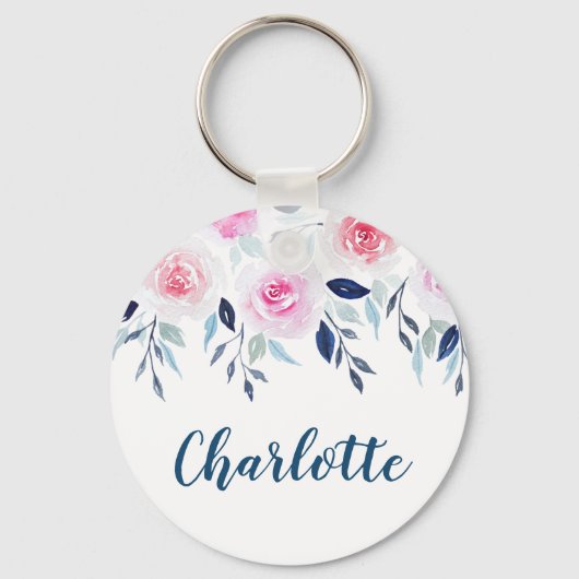 Floral roze Roses Waterverf Gepersonaliseerde naam Sleutelhanger (Voorkant)