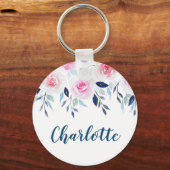 Floral roze Roses Waterverf Gepersonaliseerde naam Sleutelhanger (Voorkant)