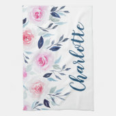 Floral roze Roses Waterverf Gepersonaliseerde naam Theedoek (Verticaal)