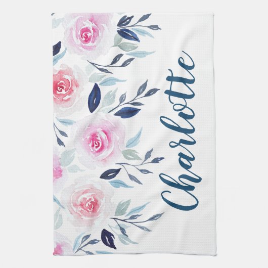 Floral roze Roses Waterverf Gepersonaliseerde naam Theedoek (Verticaal)