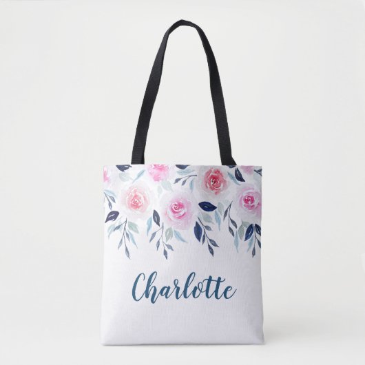 Floral roze Roses Waterverf Gepersonaliseerde naam Tote Bag (Voorkant)