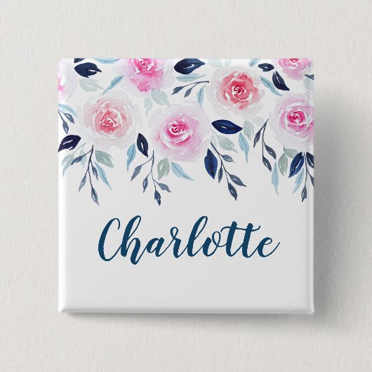 Floral roze Roses Waterverf Gepersonaliseerde naam Vierkante Button 5,1 Cm (Voorkant)