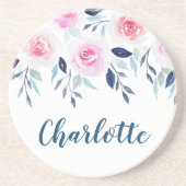 Floral roze Roses Waterverf Gepersonaliseerde naam Zandsteen Onderzetter (Voorkant)