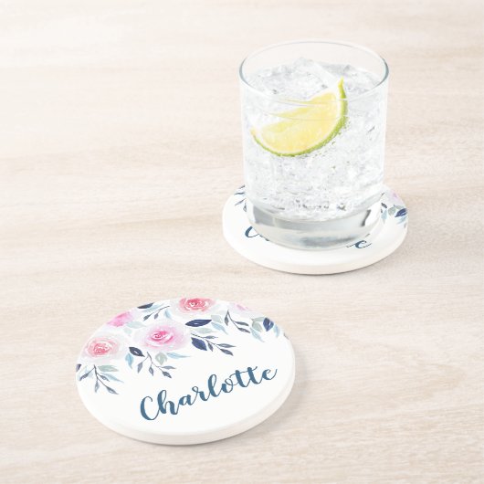 Floral roze Roses Waterverf Gepersonaliseerde naam Zandsteen Onderzetter (Zijkant)