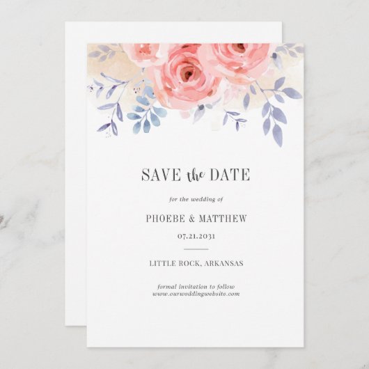 Floral roze Roses Waterverf Lila Herfst Save The Date (Voorkant / Achterkant)
