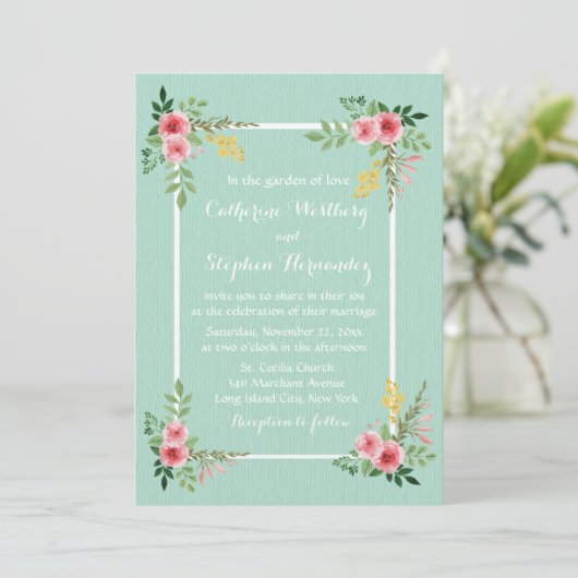 Floral roze Roses Waterverf Munt Green Wedding Kaart (Staand voorkant)