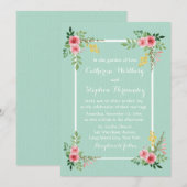 Floral roze Roses Waterverf Munt Green Wedding Kaart (Voorkant / Achterkant)