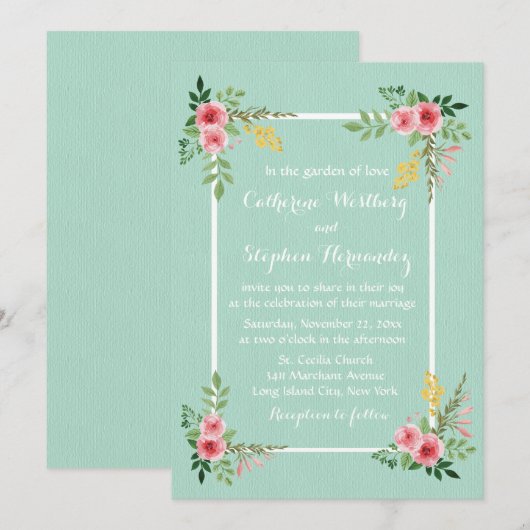 Floral roze Roses Waterverf Munt Green Wedding Kaart (Voorkant / Achterkant)