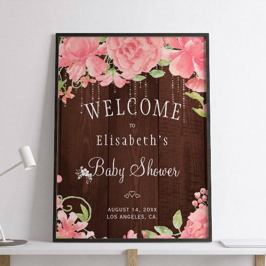 Floral roze roze baby shower welkomstbord poster