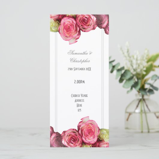 Floral roze roze roze kerkbruiloft programmakaart (Staand voorkant)