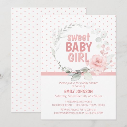 Floral roze Roze Sweet Baby Girl Baby shower Kaart (Voorkant / Achterkant)