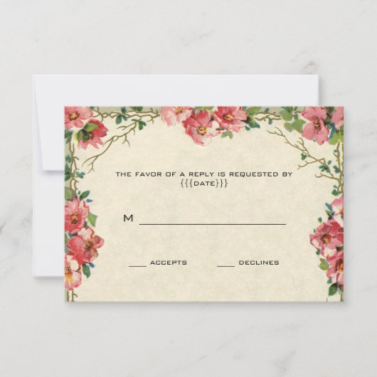 Floral roze rozen bloemen, Vintage Wedding RSVP (Voorkant)
