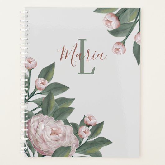 Floral roze rozen gepersonaliseerde monogram bloem planner (Voorkant)