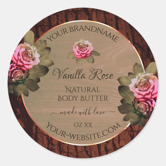 Floral roze rozen Product Labels Bruin Hout Graan (Voorkant)