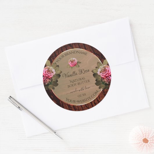 Floral roze rozen Product Labels Bruin Hout Graan (Envelop)
