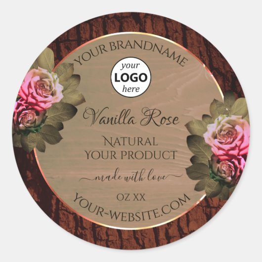 Floral roze rozen Productetiketten Hout Logo Ronde Sticker (Voorkant)