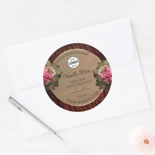 Floral roze rozen Productetiketten Hout Logo Ronde Sticker (Envelop)