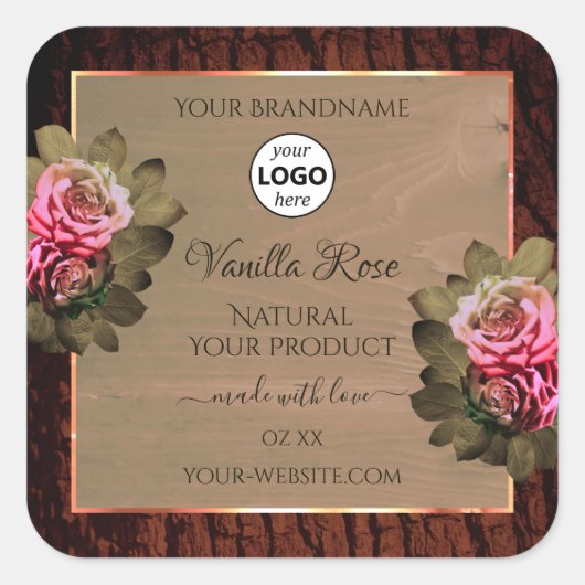 Floral roze rozen Productetiketten Hout Logo Vierkante Sticker (Voorkant)