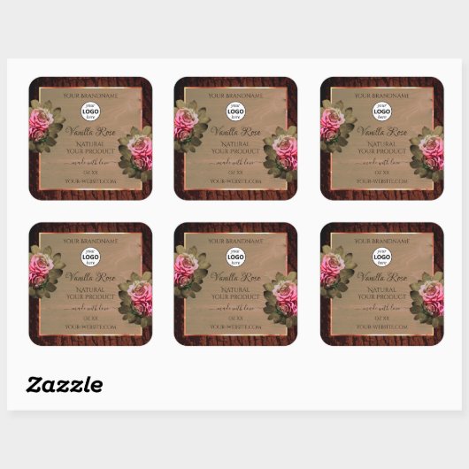 Floral roze rozen Productetiketten Hout Logo Vierkante Sticker (Vel)