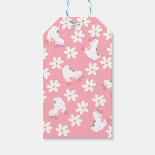Floral roze Schaatsen Roller Birthday Skler Cadeaulabel (Voorkant)