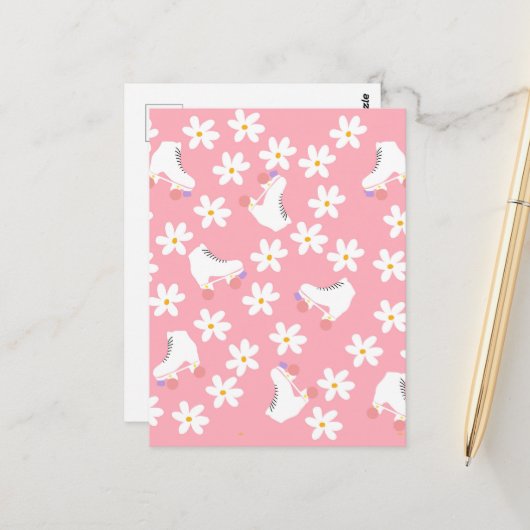 Floral roze Schaatsen Roller Skating Briefkaart (Voorkant / Achterkant in situ)