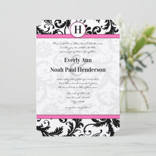 Floral roze sierstrip zwart-wit kaart (Staand voorkant)