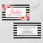 Floral roze streepjes in penseelscript gestreept visitekaartje (Voorkant / Achterkant)