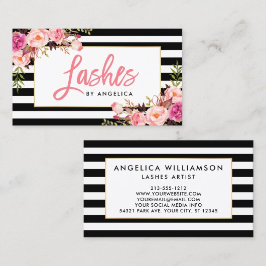 Floral roze streepjes in penseelscript gestreept visitekaartje (Voorkant / Achterkant)