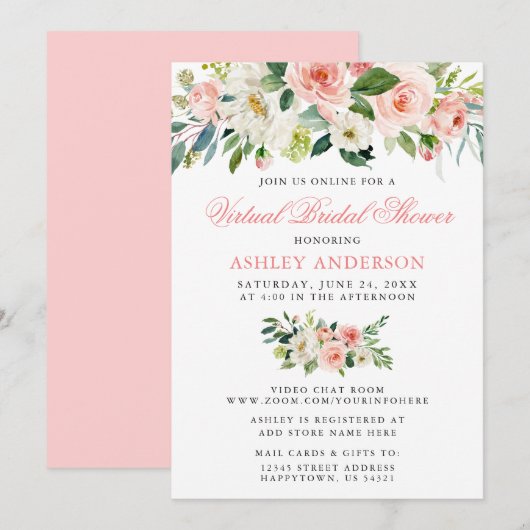 Floral roze virtuele Vrijgezellenfeest Waterverf Kaart (Voorkant / Achterkant)