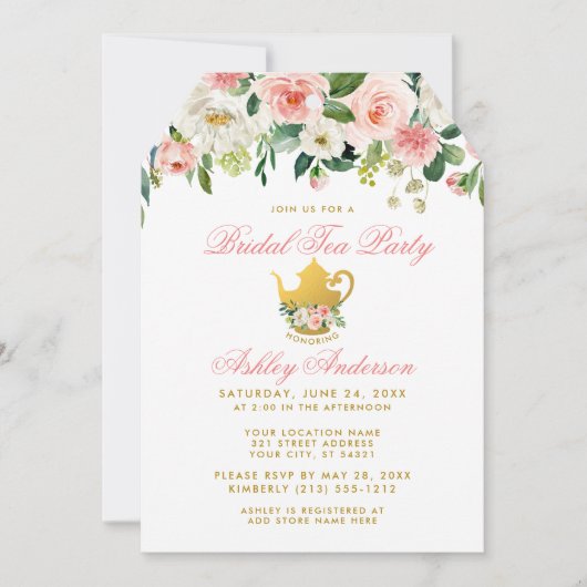 Floral roze Vrijgezellenfeest Tea Party Invite Gol Kaart (Voorkant)