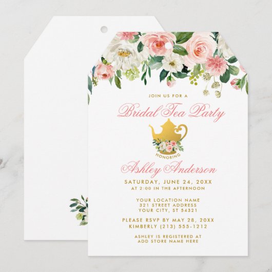 Floral roze Vrijgezellenfeest Tea Party Invite Gol Kaart (Voorkant / Achterkant)