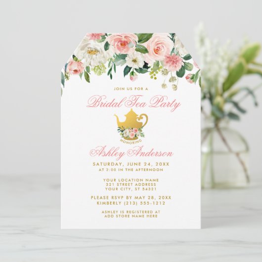 Floral roze Vrijgezellenfeest Tea Party Invite Gol Kaart (Staand voorkant)