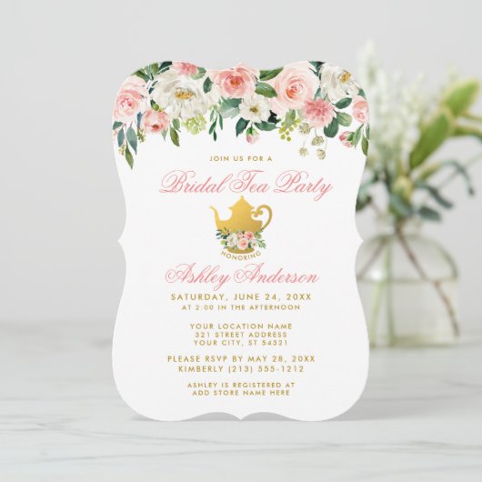 Floral roze Vrijgezellenfeest Tea Party Invite Gol Kaart (Staand voorkant)