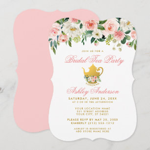 Floral roze Vrijgezellenfeest Tea Party Invite Gol Kaart