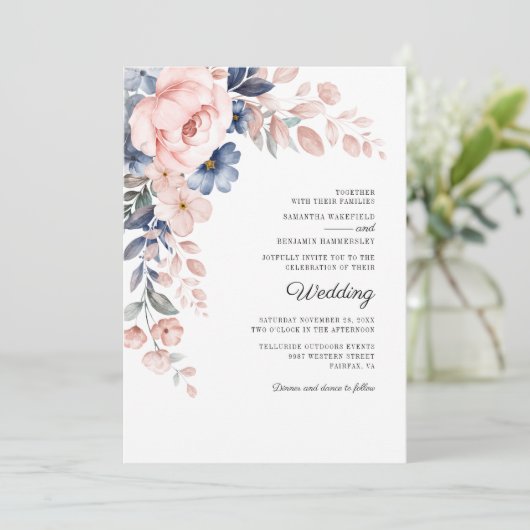 Floral roze Waterverf botanische bruiloft Kaart (Staand voorkant)