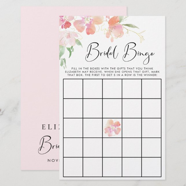 Floral roze Waterverf Bridal Bingo Shower Game (Voorkant / Achterkant)