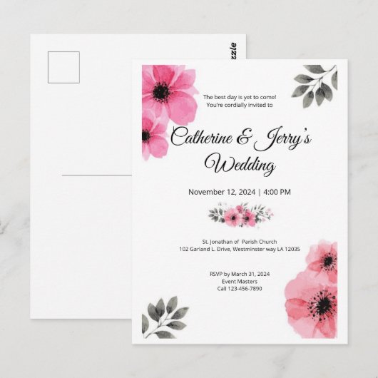 Floral roze waterverf bruiloft briefkaart (Voorkant / Achterkant)