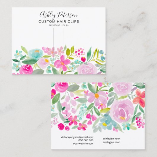 Floral roze waterverf haarklem barrette display visitekaartje (Voorkant / Achterkant)