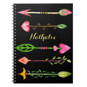 Floral roze waterverf pijlen op zwart notitieboek