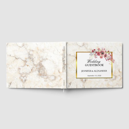 Floral roze waterverf witte marmer Weddenschap Gastenboek (Volledig)