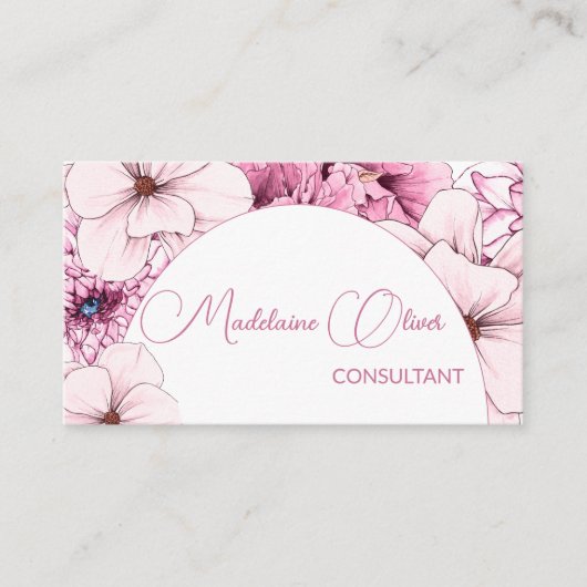 Floral Roze Wit Moderne Elegante Vrouwelijke QR Co Visitekaartje (Voorkant)