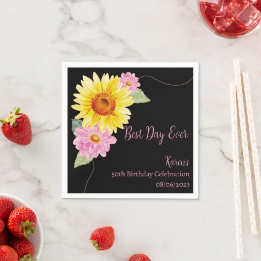 Floral roze zwart geel monogram verjaardag servett servet (Insitu)